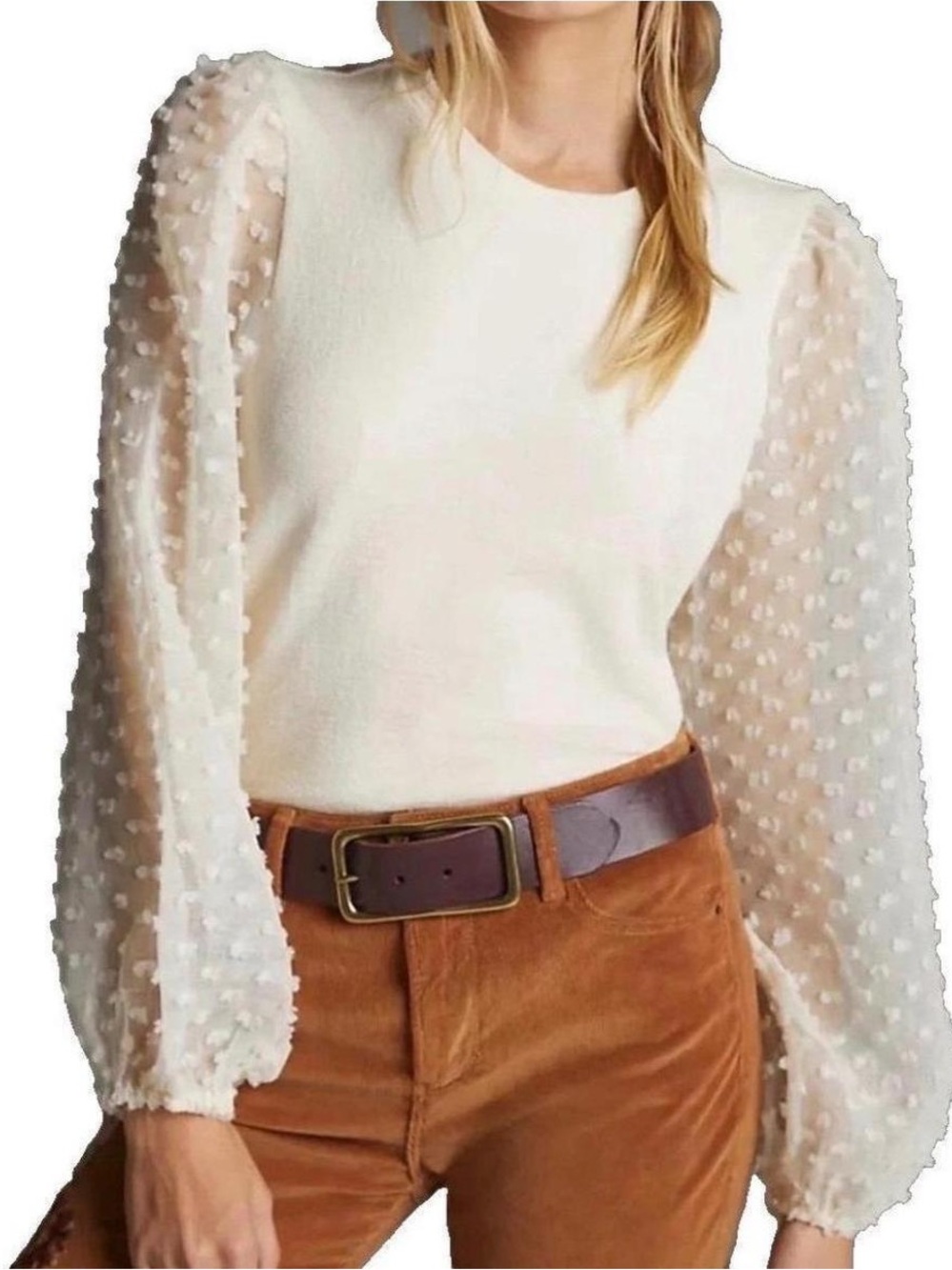 Maeve by Anthropologie Textured Puff-Sleeve Swiss Dot Top